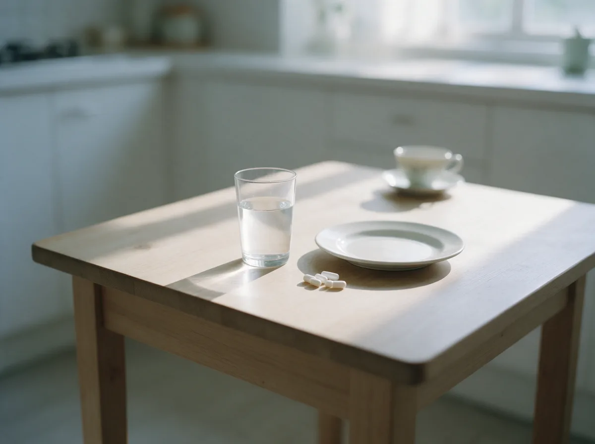 Lasi vettä ja muutama valkoinen kapseli lautasen vieressä vaalealla puupöydällä aamuvalossa