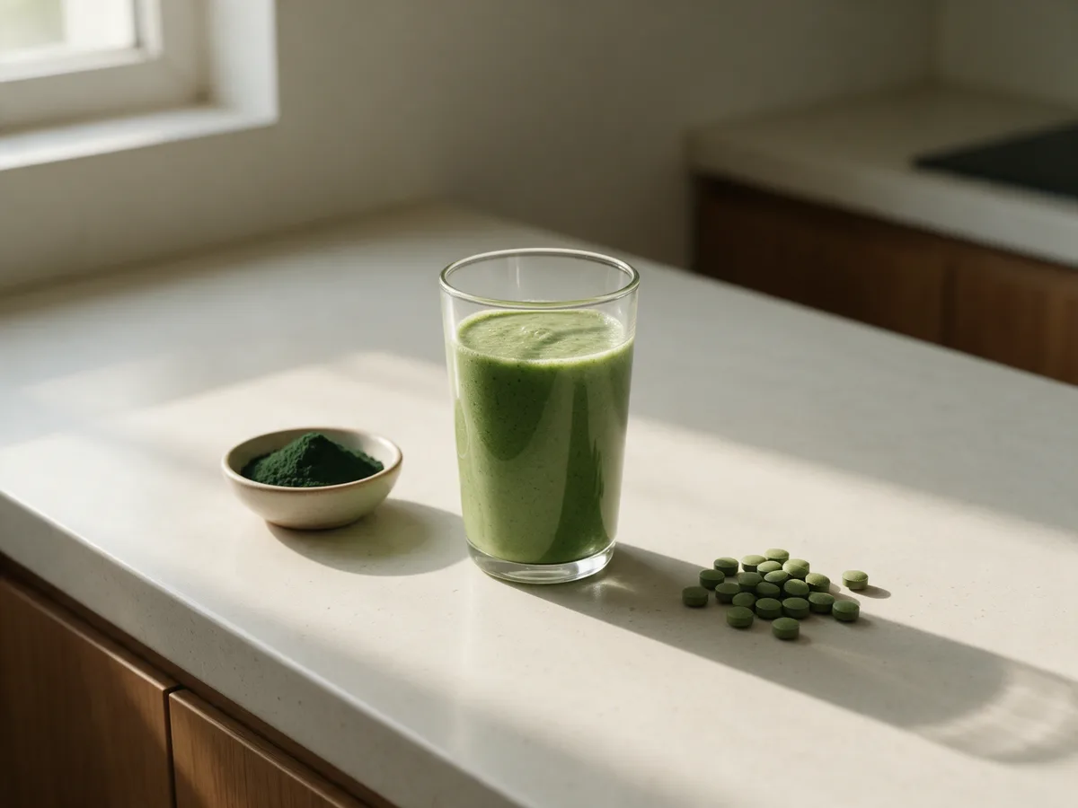 Keittiön työtaso aamuvalossa, pöydällä lasi vihreää smoothieta, pieni kulho tummanvihreää jauhetta ja kourallinen vihreitä tabletteja
