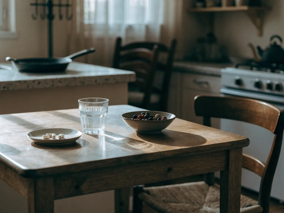 Puinen keittiön pöytä aamuvalossa, pöydällä kulho marjoja, lasi vettä ja pieni lautanen vaaleita kapseleita