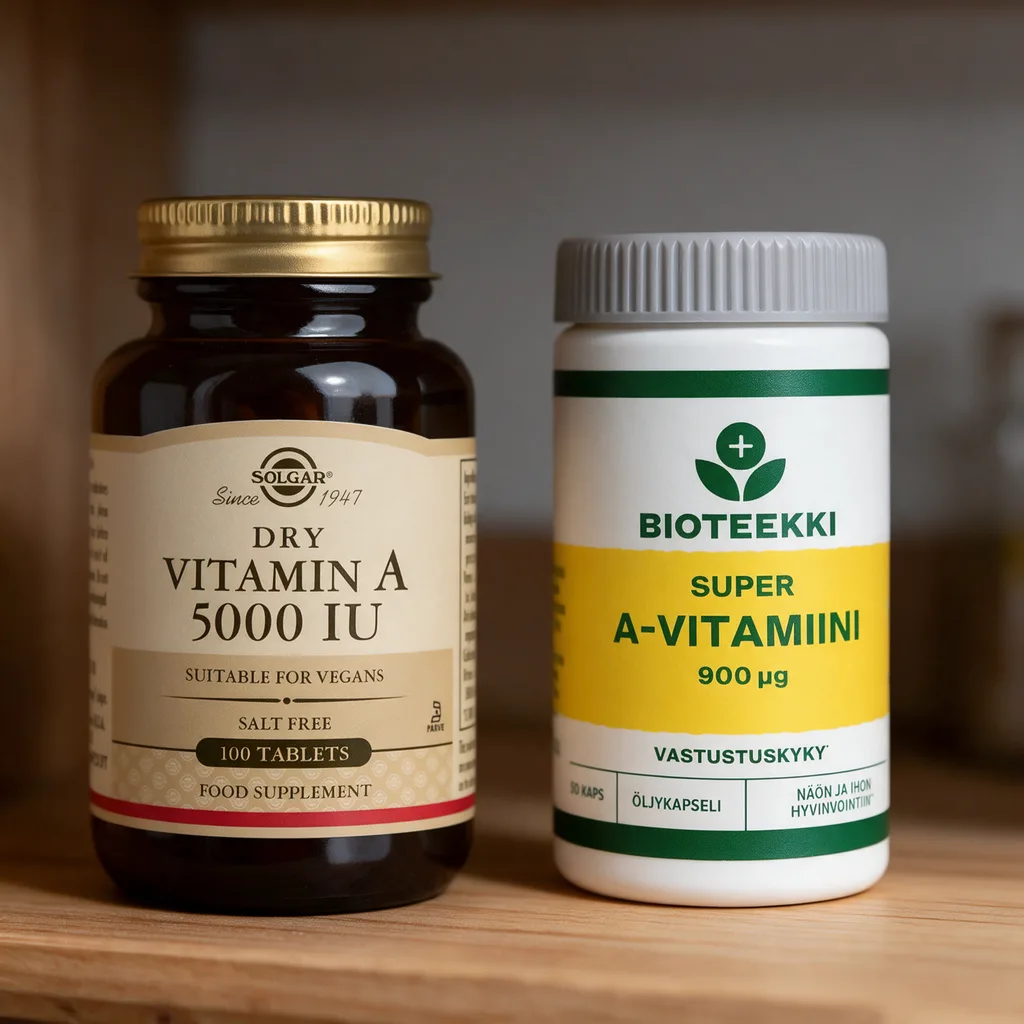 Solgarin ruskea lasipurkki kultaisella kannella ja Bioteekin valkoinen, vihreäraitainen Super A-vitamiini -purkki vierekkäin puisella tasolla