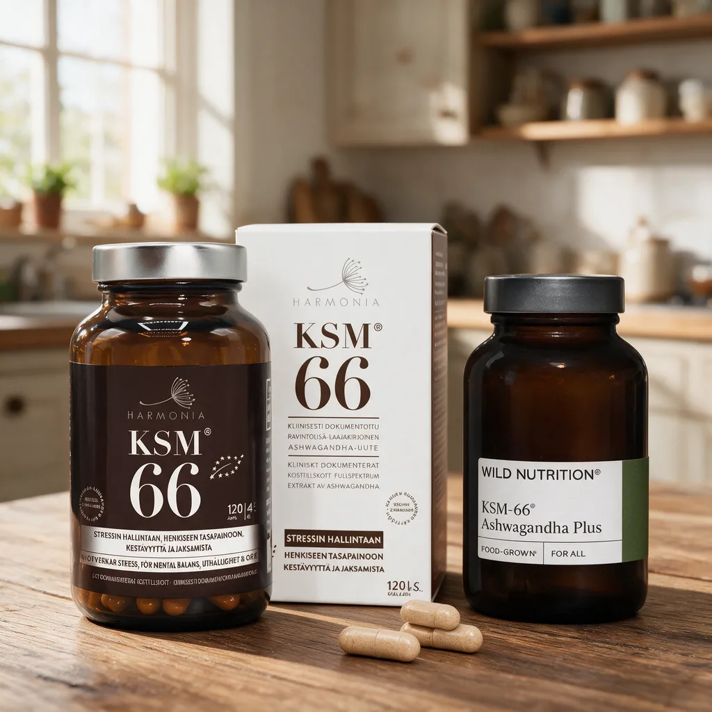 Harmonia KSM66 -purkki ja Wild Nutritionin ruskea lasipurkki rinnakkain puisella pöydällä, edessä beigejä kapseleita