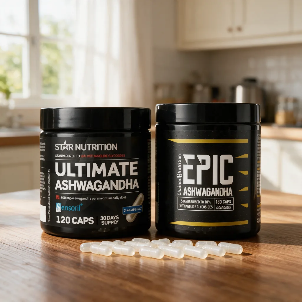 Mustat Star Nutrition Ultimate- ja Chained Nutrition Epic -purkit rinnakkain puisella pöydällä, edessä rivi kapseleita
