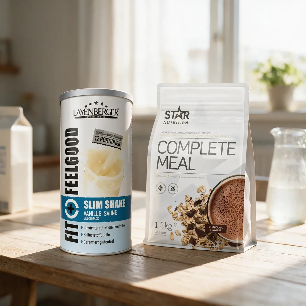 Fit+ Feelgood Slim Shake -purkki ja Star Nutrition Complete Meal -pussi vierekkäin aamiaispöydällä, taustalla vesikannu ja maitopurkki