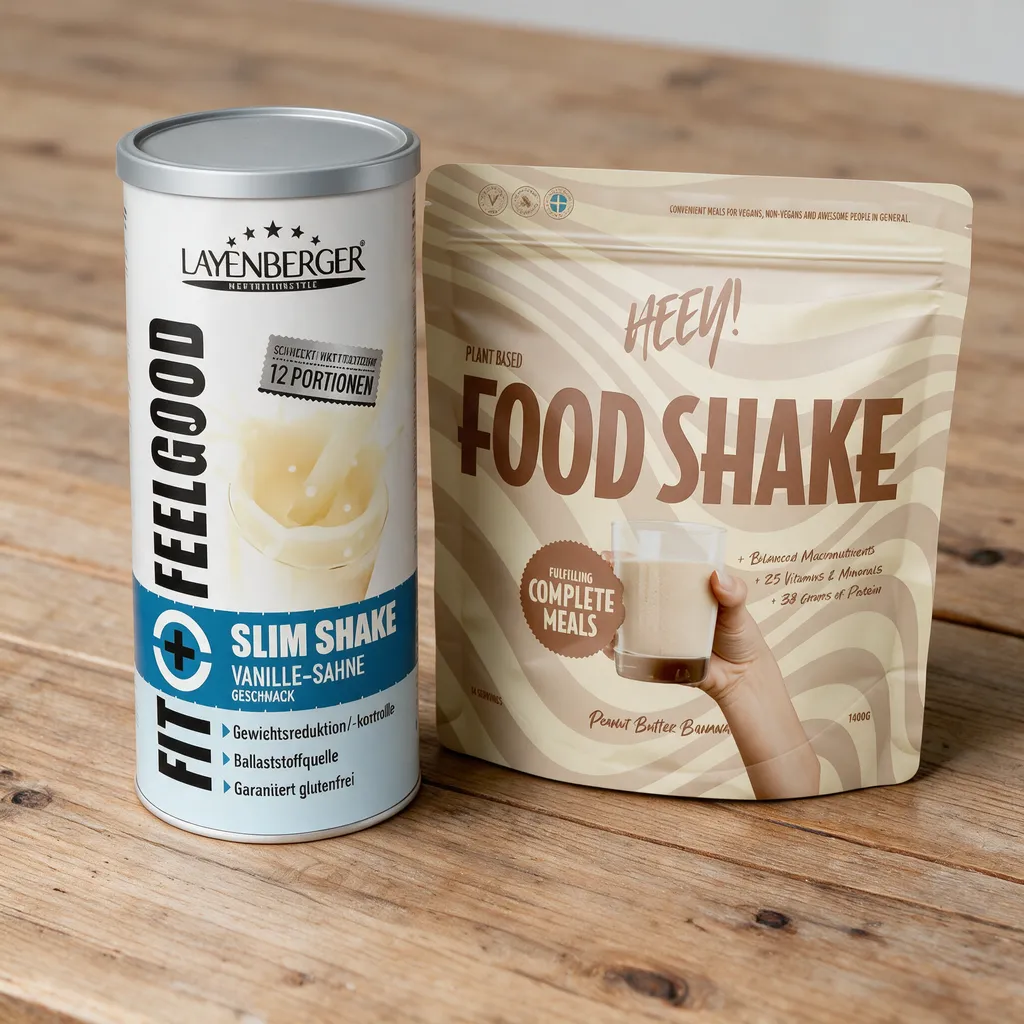 Fit+ Feelgood Slim Shake -purkki ja HEEY Food Shake -pussi rinnakkain puisella pöydällä