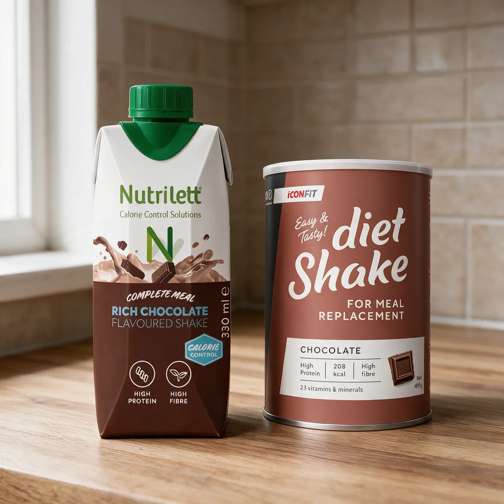 Nutrilett Smoothie Rich Chocolate -juomapakkaus ja ICONFIT Diet Shake -purkki rinnakkain keittiön työtasolla