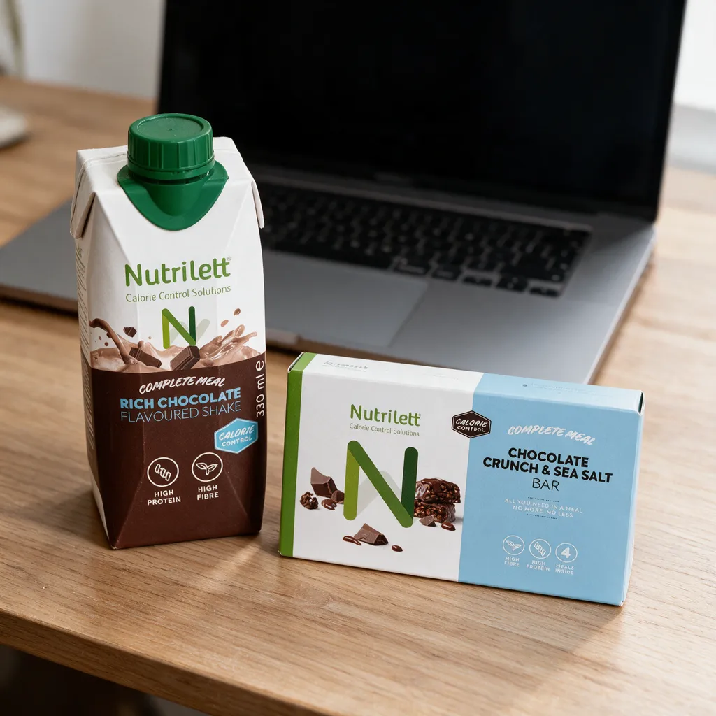 Nutrilett Smoothie -juomapakkaus ja Nutrilett-patukkapakkaus rinnakkain työpöydällä kannettavan tietokoneen vieressä