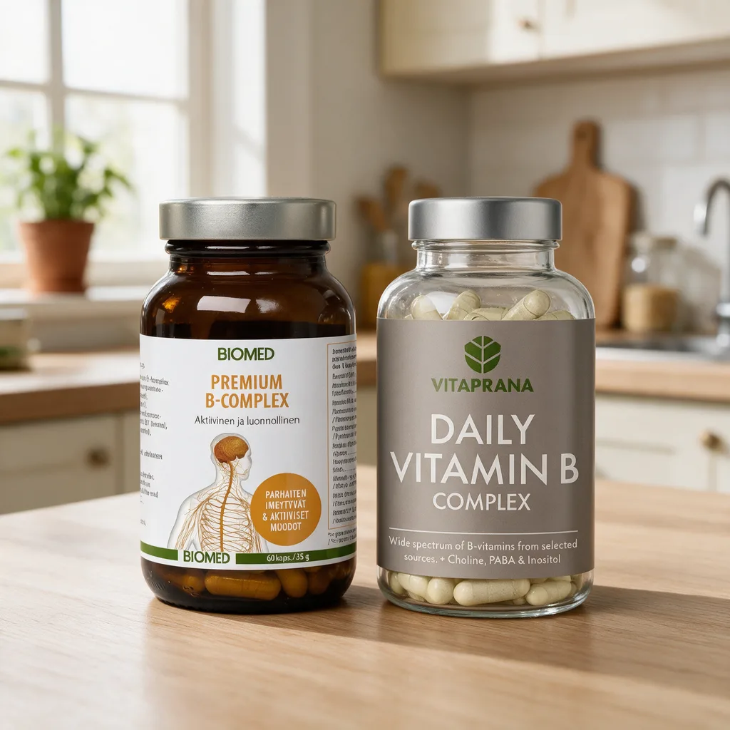 Biomed Premium B-complex- ja Vitaprana Daily Vitamin B Complex -purkit rinnakkain keittiön puupöydällä