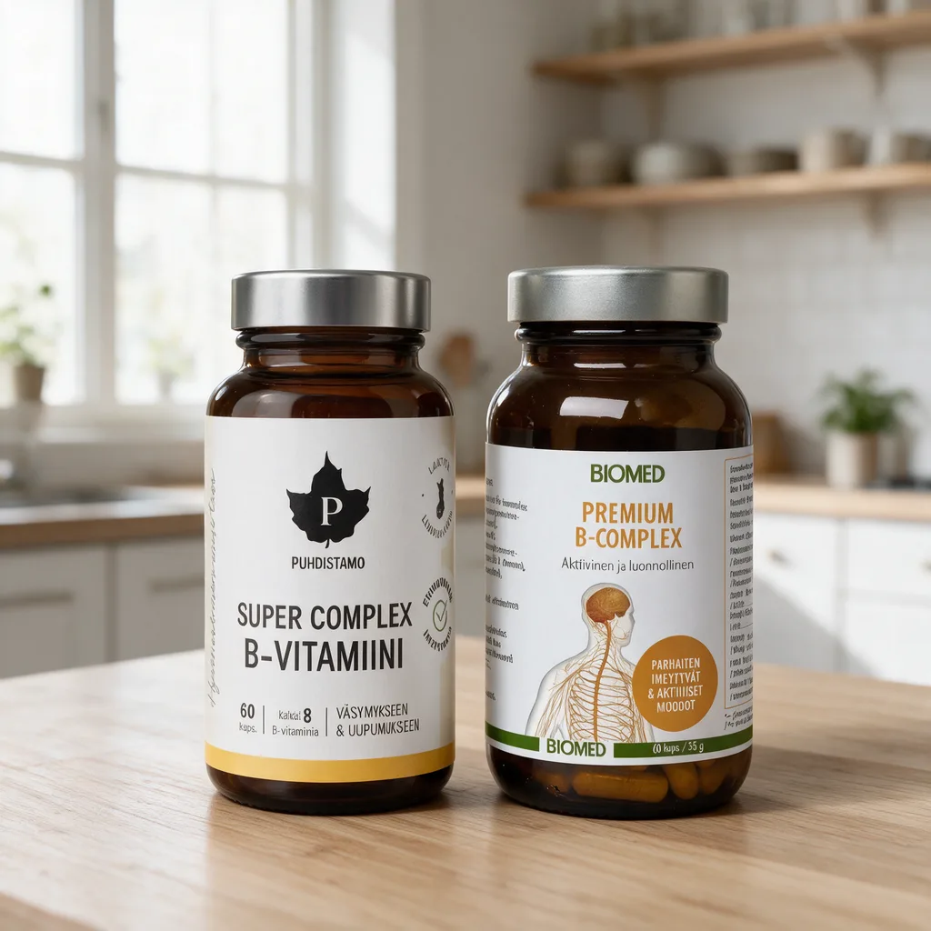 Puhdistamo Super Complex B-vitamiini- ja Biomed Premium B-complex -purkit rinnakkain keittiön puupöydällä