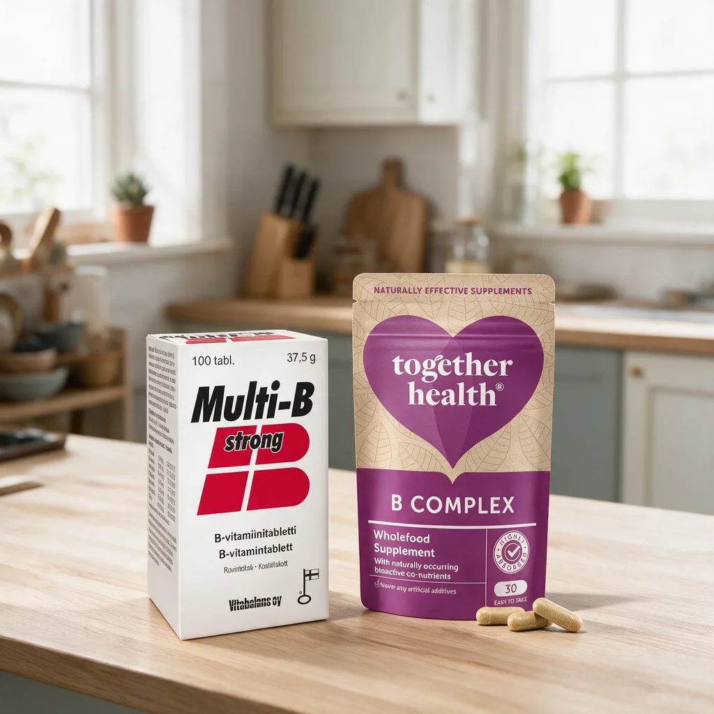 Vitabalans Multi-B-Strong -rasia ja Together Health B Complex -pussi rinnakkain keittiön puupöydällä