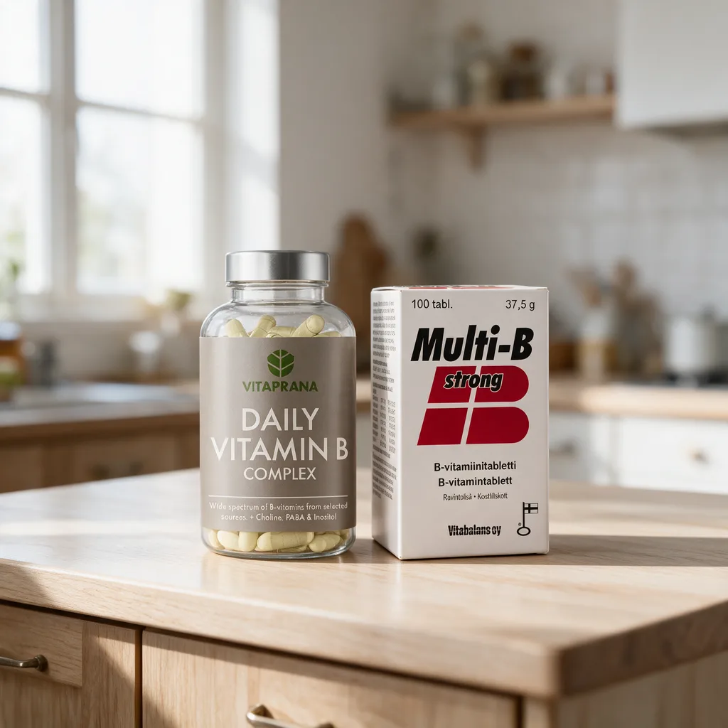 Vitaprana Daily Vitamin B Complex -purkki ja Vitabalans Multi-B-Strong -rasia rinnakkain keittiön puupöydällä