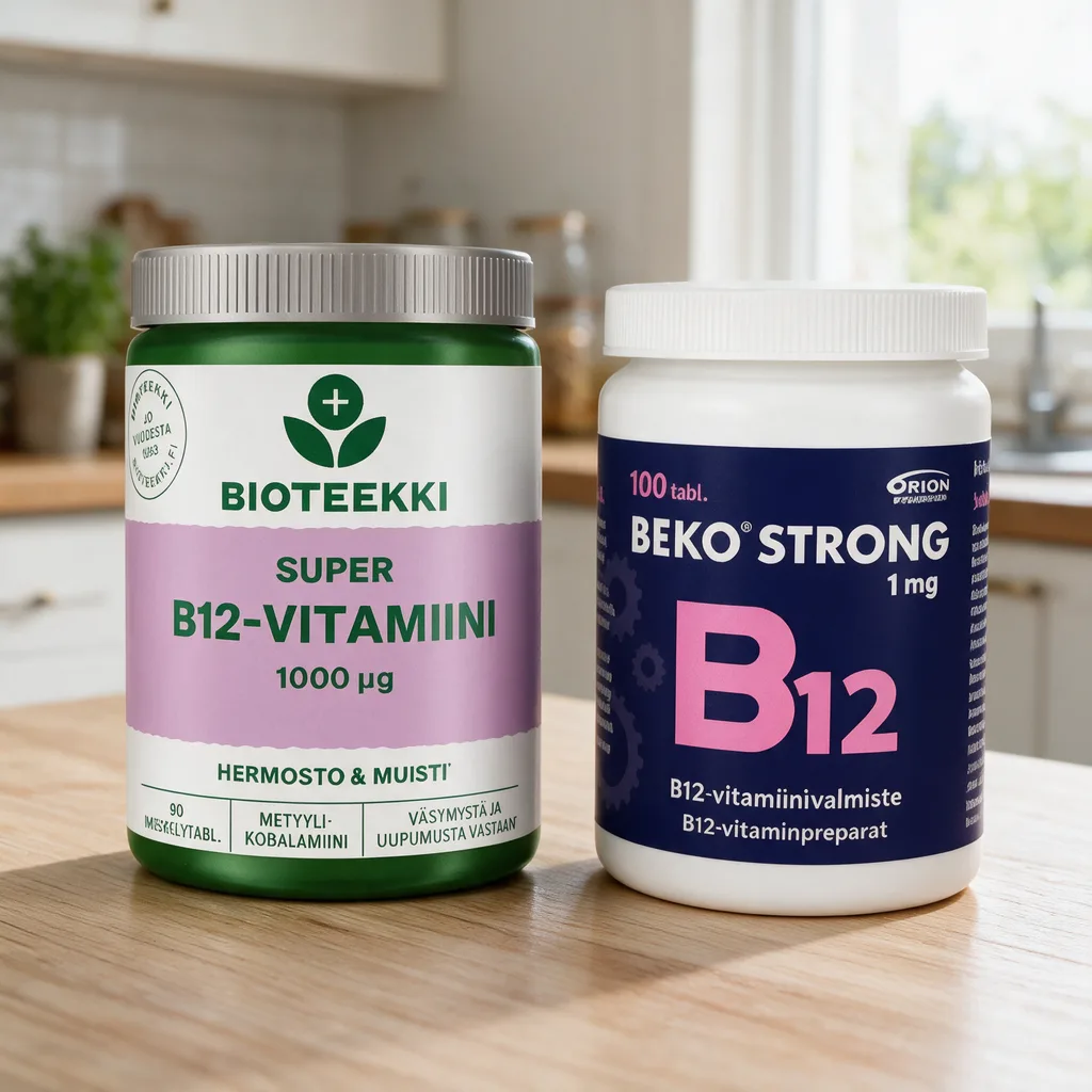 Vihreä Bioteekki Super B12 -purkki ja valkoinen, tummansinietikettinen Beko Strong B12 -purkki rinnakkain puisella pöydällä