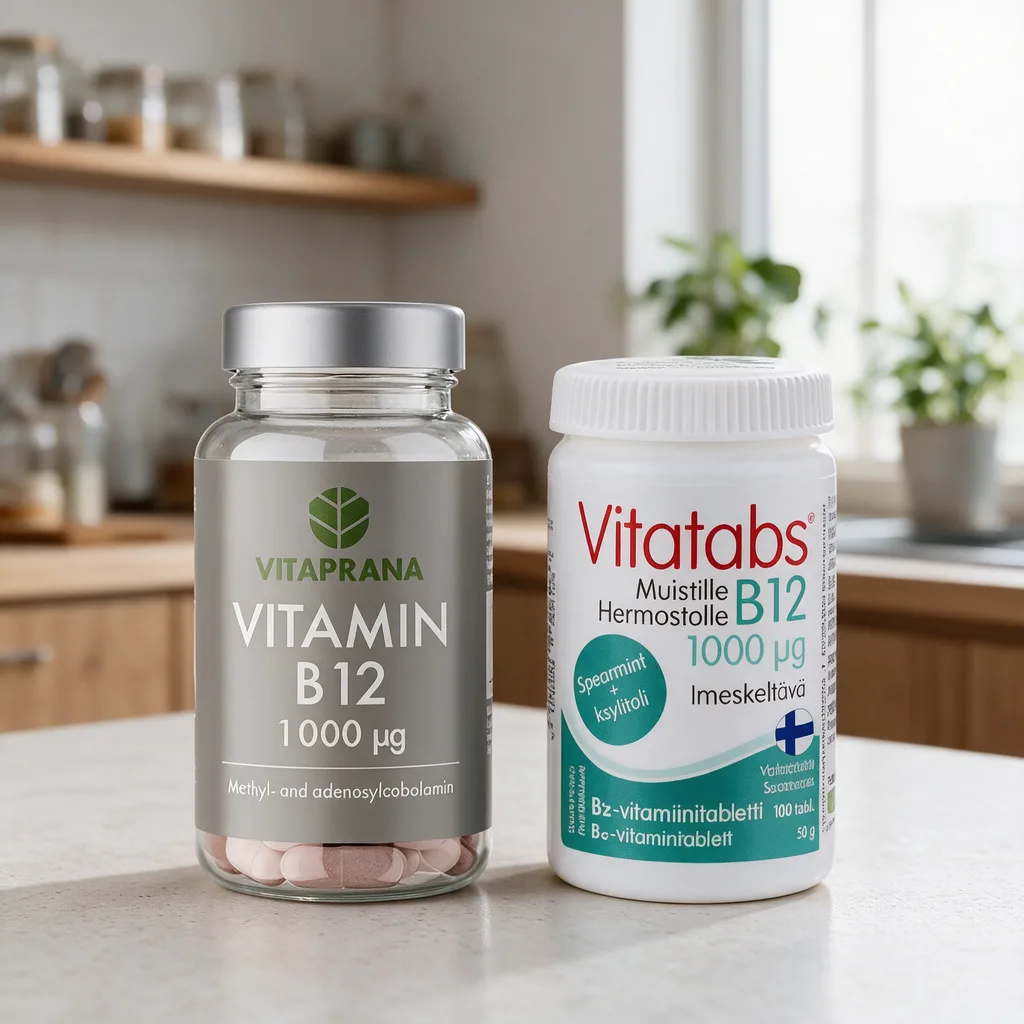 Vitapranan harmaa B12-purkki vasemmalla ja Vitatabsin valkoinen minttupurkki oikealla vaalealla pöytätasolla