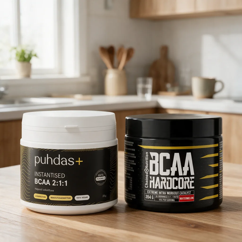 Valkoinen Puhdas+ BCAA -purkki ja musta Chained Nutrition BCAA Hardcore -purkki rinnakkain keittiön pöydällä