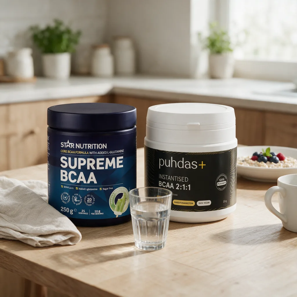 Tummansininen Star Nutrition Supreme BCAA -purkki ja valkoinen Puhdas+ BCAA -purkki vierekkäin aamupalapöydällä