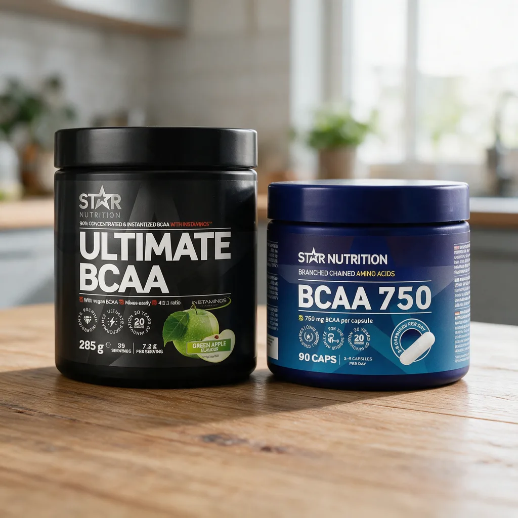Musta Star Nutrition Ultimate BCAA -purkki ja sininen BCAA 750 -kapselipurkki rinnakkain puisella pöydällä