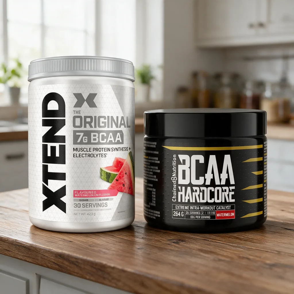Valkoinen Xtend BCAA -purkki ja musta Chained Nutrition BCAA Hardcore -purkki vierekkäin puisella työtasolla
