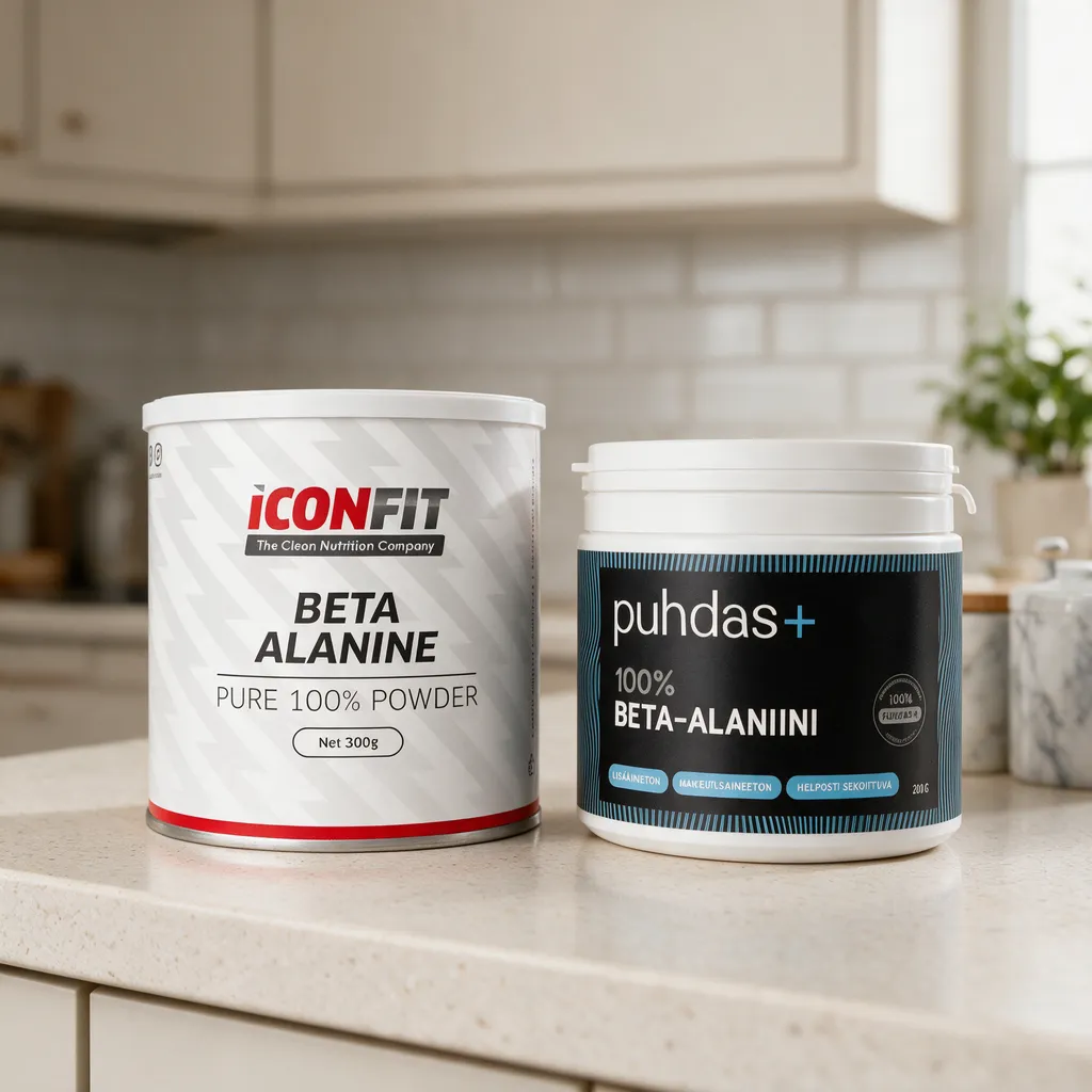 Valkoinen ICONFIT Beta Alanine -purkki ja musta Puhdas+ Beta-Alaniini -purkki vierekkäin keittiön työtasolla