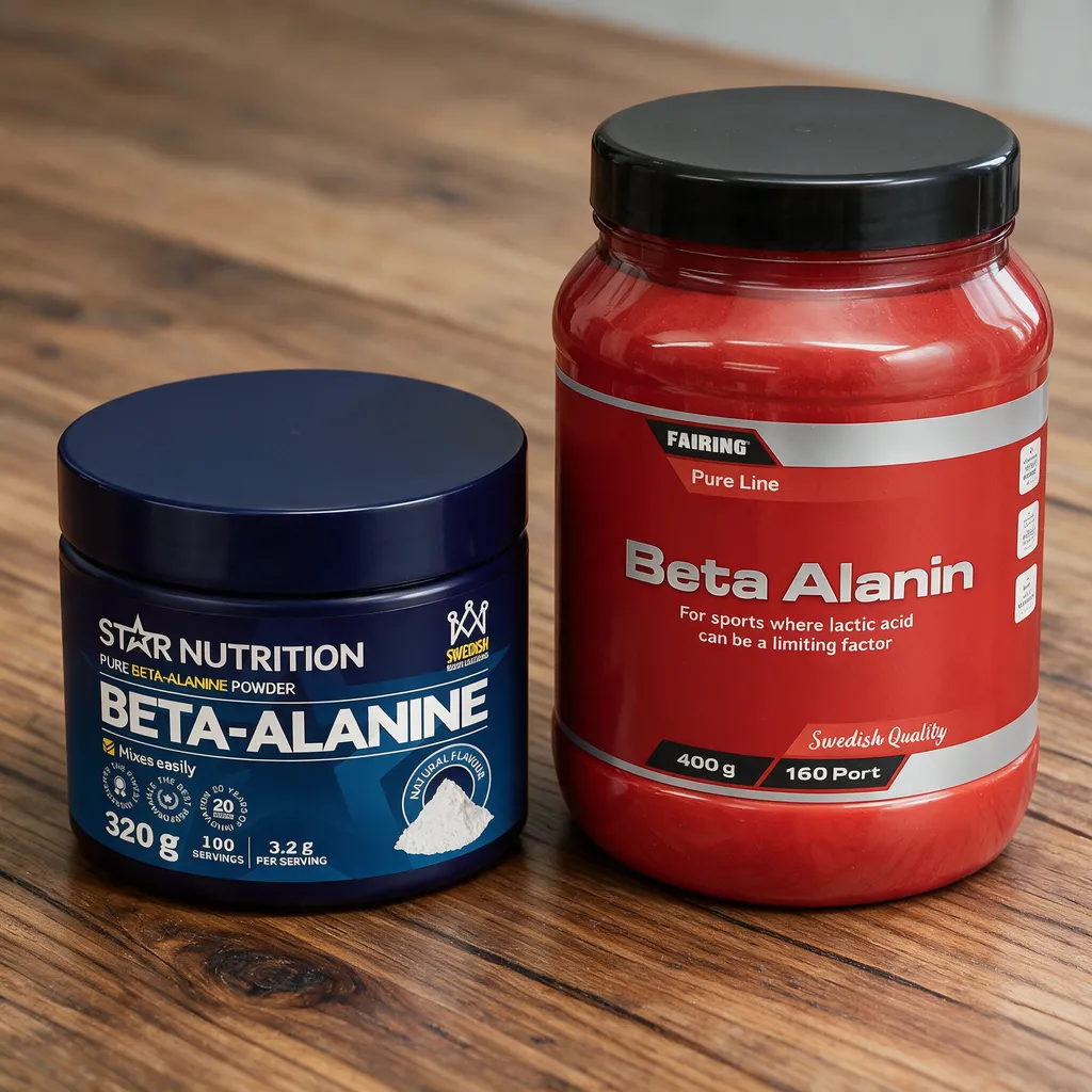Tummansininen Star Nutrition Beta-Alanine -purkki ja punainen Fairing Beta Alanin -purkki rinnakkain puisella pöydällä
