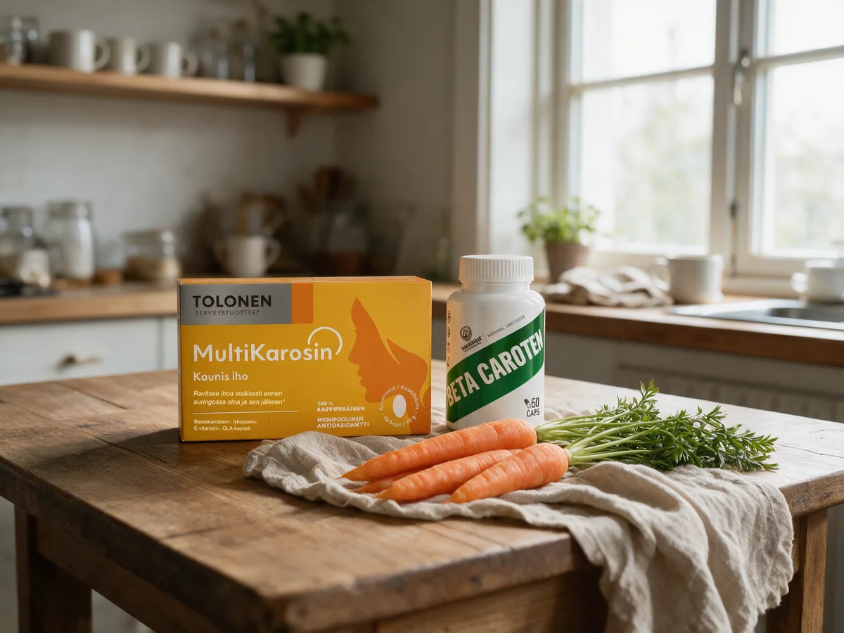 Tolonen MultiKarosin -rasia ja Swedish Supplements Beta Caroten -purkki rinnakkain puisella keittiöpöydällä