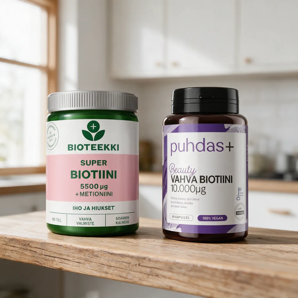 Bioteekin vihreä Super Biotiini -purkki ja Puhdas+:n tummanruskea biotiinipurkki vierekkäin puisella tasolla