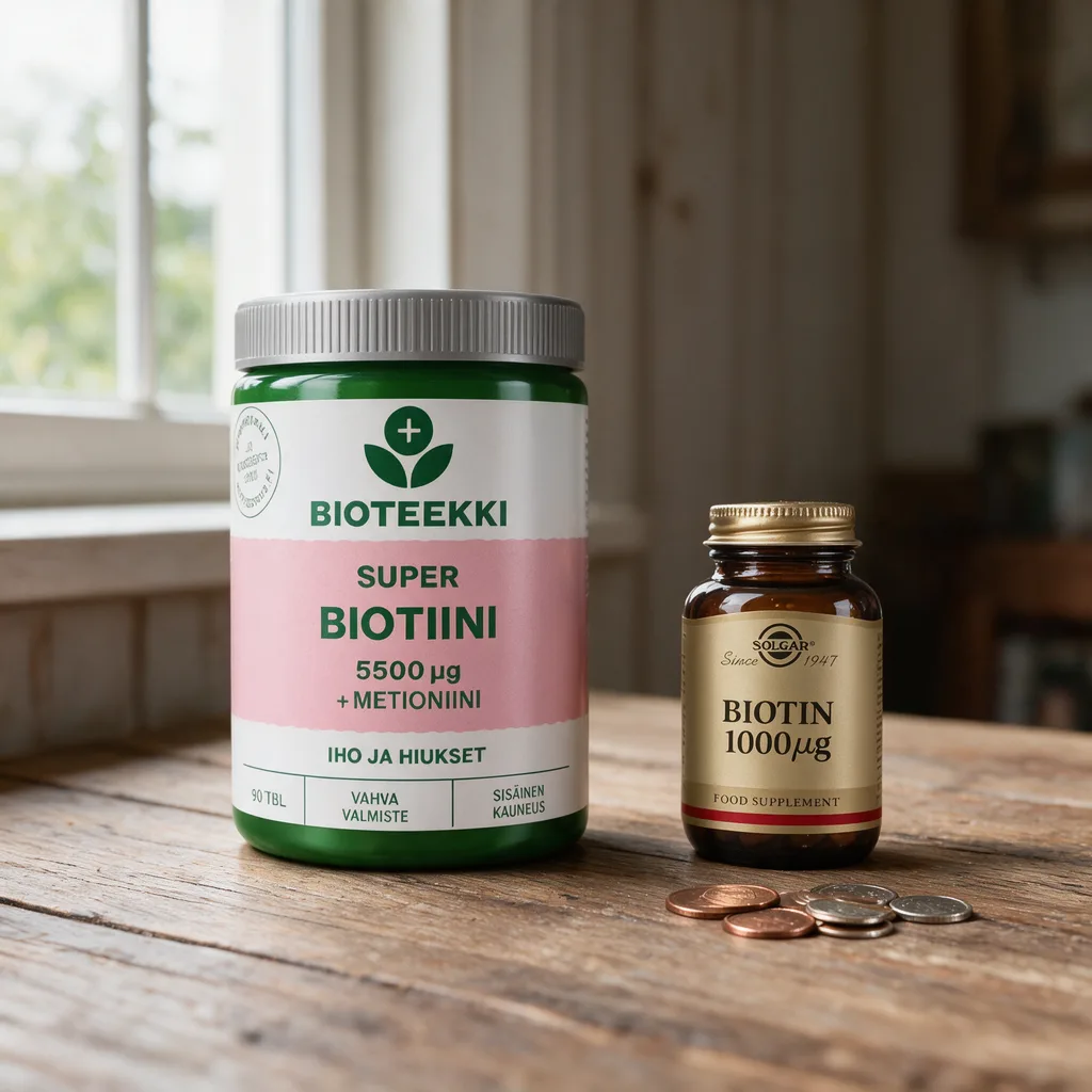 Vihreä Bioteekki-purkki ja ruskea Solgar-lasipurkki pöydällä kolikoiden vieressä