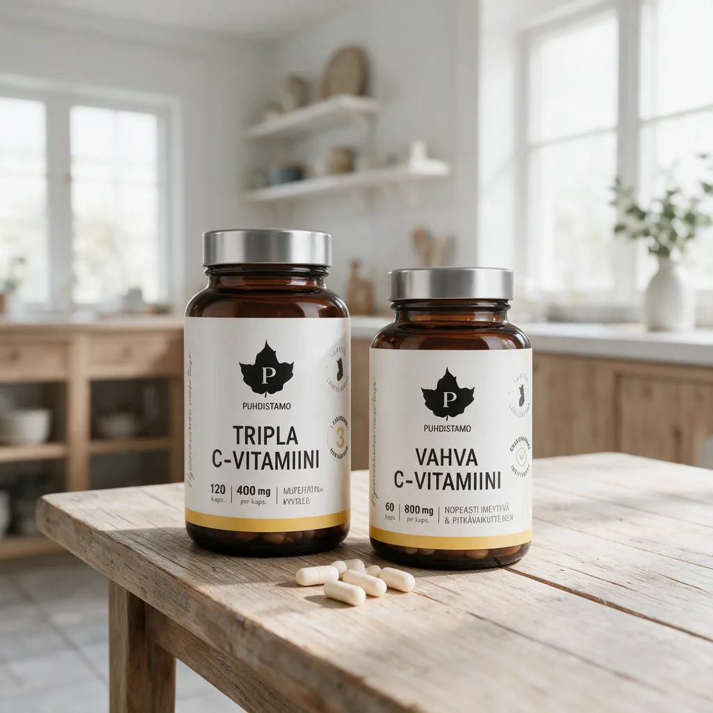 Puhdistamon Tripla- ja Vahva C-vitamiini -lasipurkit rinnakkain keittiön pöydällä, edessä kapseleita