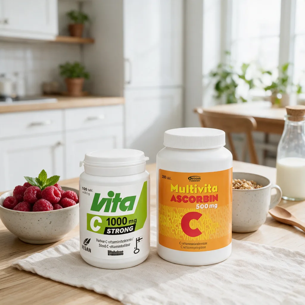 Vita-C Strongin valkoinen purkki ja Multivita Ascorbinin oranssi etiketti vierekkäin aamupalapöydällä