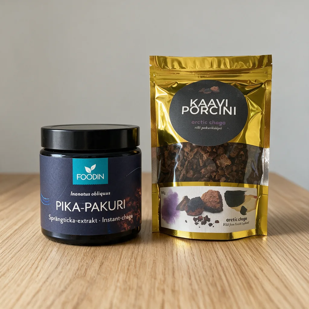 Tummansininen Foodin Pika-Pakuri -lasipurkki ja kullanvärinen Kaavi Porcini -rouhepussi vierekkäin tammipöydällä