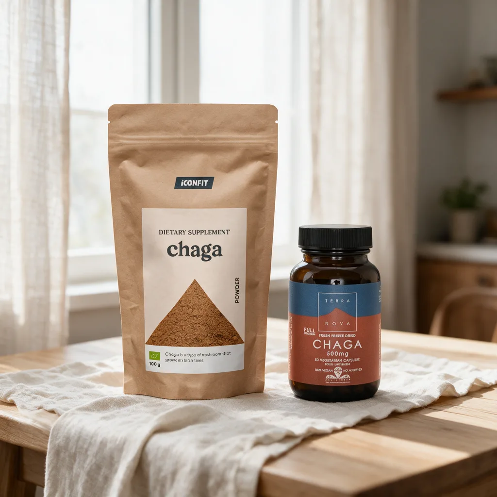 Ruskea ICONFIT chaga -paperipussi ja ruskea Terranova Chaga -kapselipurkki vaalealla puupöydällä pellavaliinan päällä