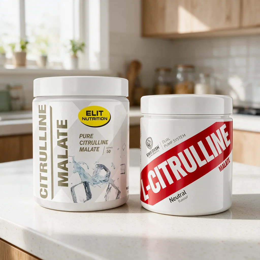 Elitin ja Swedish Supplementsin valkoiset sitrulliinimalaattipurkit keittiön tasolla, toisessa punainen vinoraita