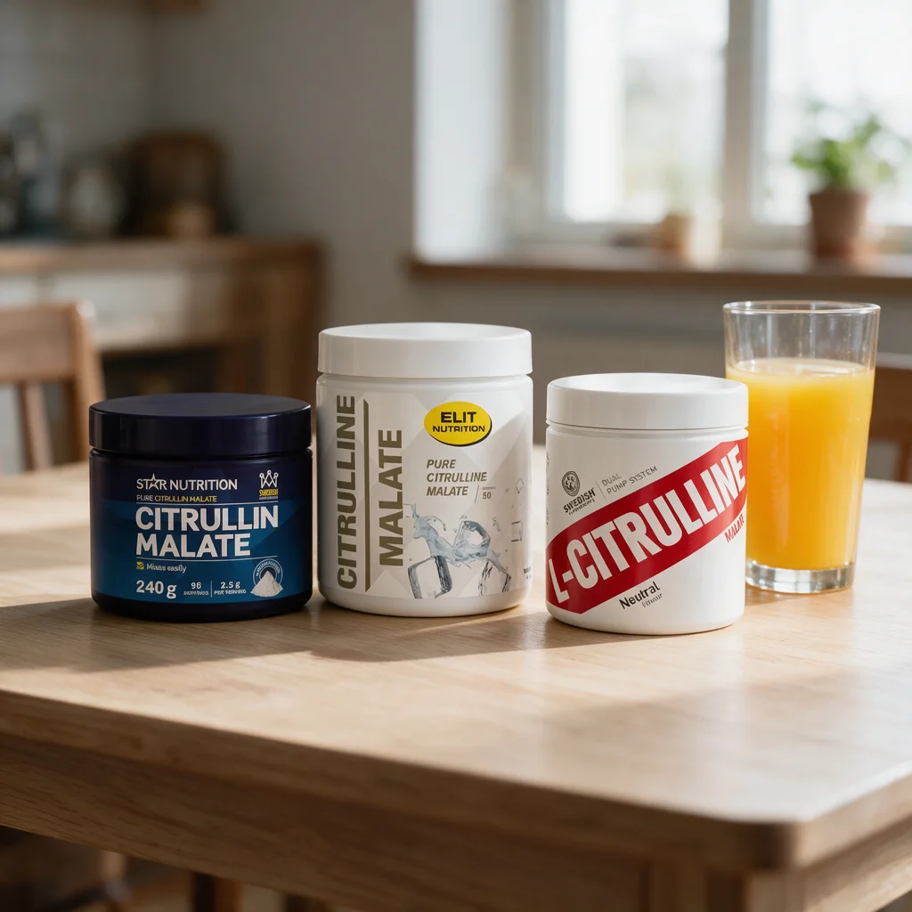 Star Nutrition-, Elit- ja Swedish Supplements -sitrulliinimalaattipurkit rivissä aamupalapöydällä mehulasin vieressä
