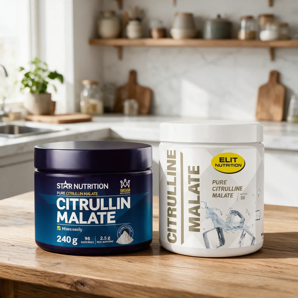 Star Nutritionin sininen Citrullin Malate ja Elitin valkoinen purkki keltaisella logolla vierekkäin tammisella pöydällä