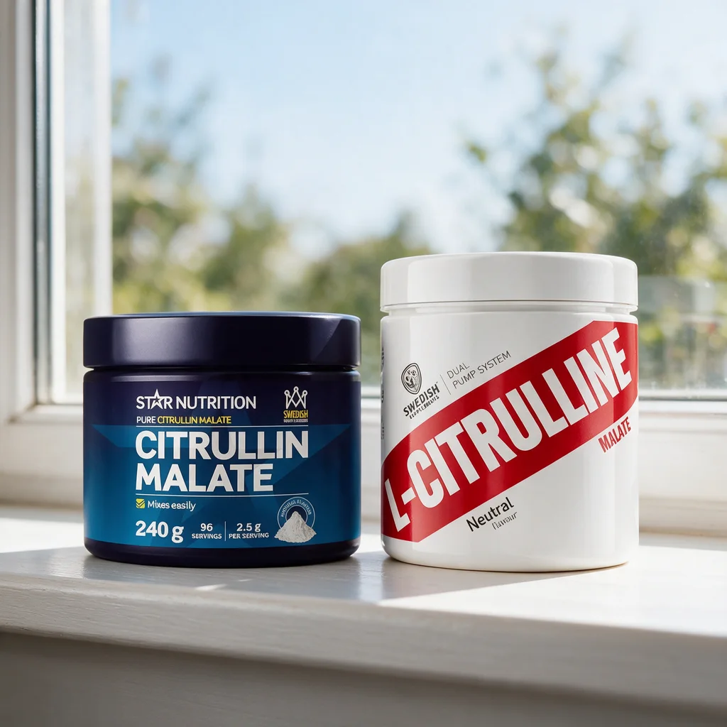 Star Nutritionin tummansininen sitrulliinimalaattipurkki ja Swedish Supplementsin valkoinen purkki punaisella raidalla ikkunalaudalla
