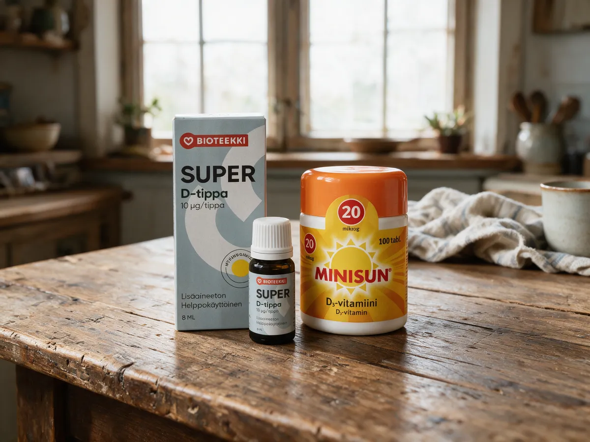Bioteekki Super D-tippa -pullo ja Minisun D-vitamiini -purkki rinnakkain keittiön puupöydällä