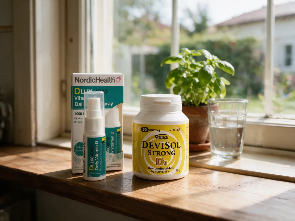 Nordic Health DLux 4000 -suihke ja Devisol Strong -purkki rinnakkain keittiön ikkunalaudalla