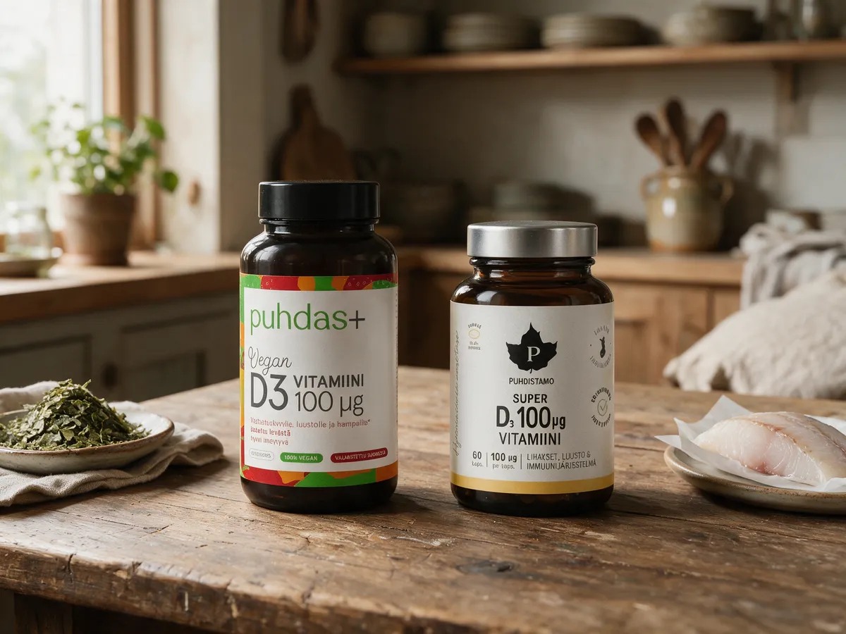 Puhdas+ Vegan D3 -purkki ja Puhdistamo Super D-vitamiini -lasipurkki rinnakkain keittiön pöydällä