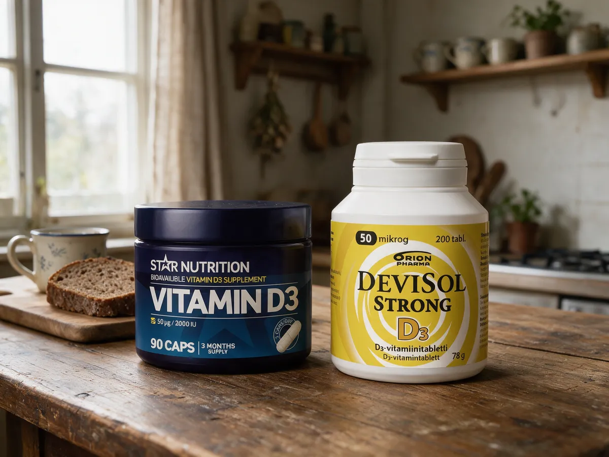 Star Nutrition D3-vitamiini -purkki ja Devisol Strong -purkki rinnakkain vanhalla puupöydällä