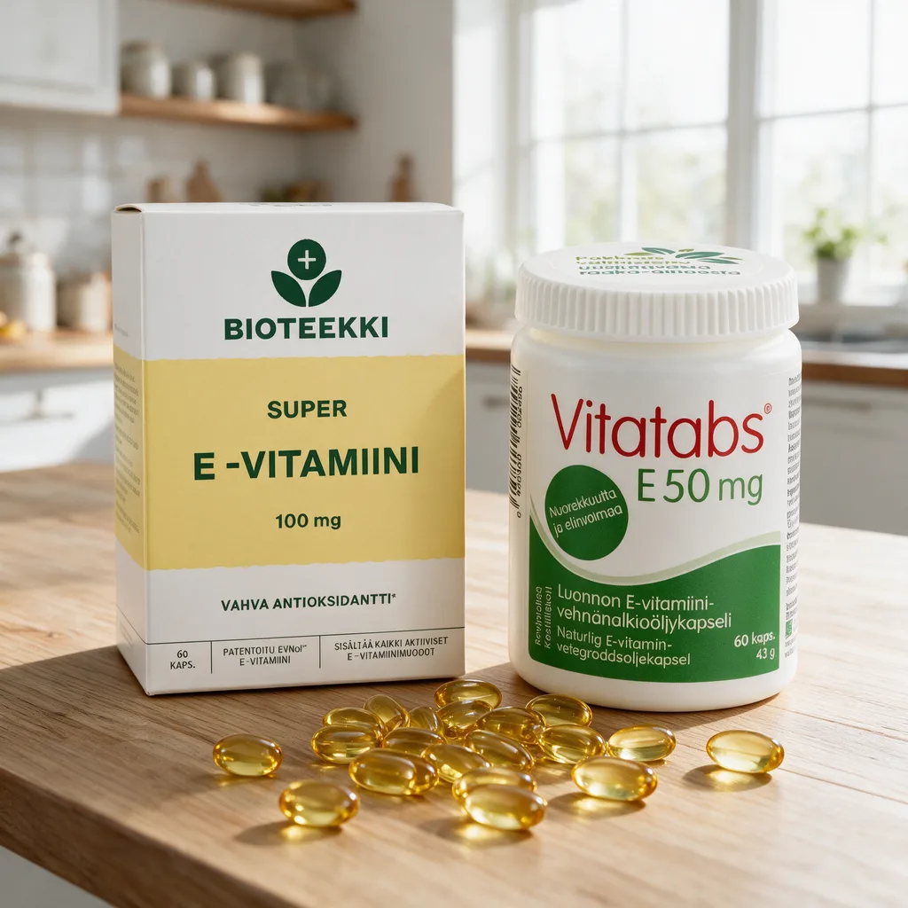 Bioteekin valkoinen Super E-vitamiini -rasia keltaisella raidalla ja Vitatabsin valkoinen purkki vihreällä etiketillä vierekkäin puisella tasolla, edessä kullankeltaisia öljykapseleita