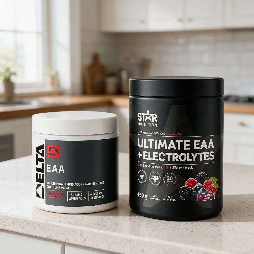 Valkoinen Delta Nutrition EAA -purkki ja musta Star Nutrition Ultimate EAA + Electrolytes -purkki vierekkäin keittiön työtasolla