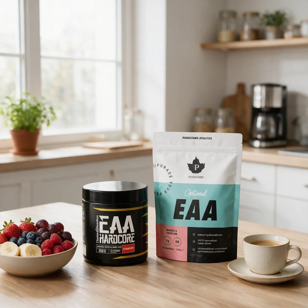 Musta Chained Nutrition EAA Hardcore -purkki ja valkoinen Puhdistamo Optimal EAA -pussi vierekkäin aamupalapöydällä