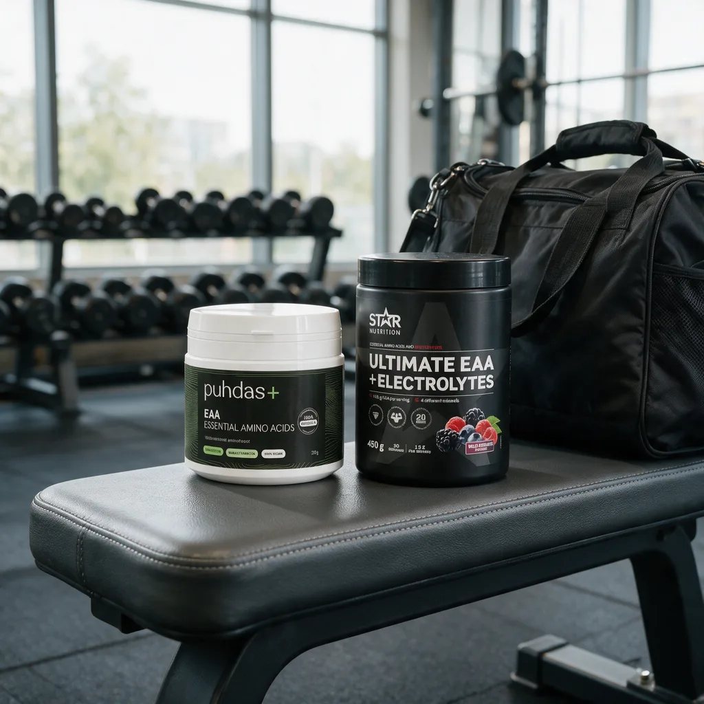 Puhdas+ EAA:n tummanvihreä purkki ja Star Nutritionin musta Ultimate EAA + Electrolytes -purkki treenikassin vieressä