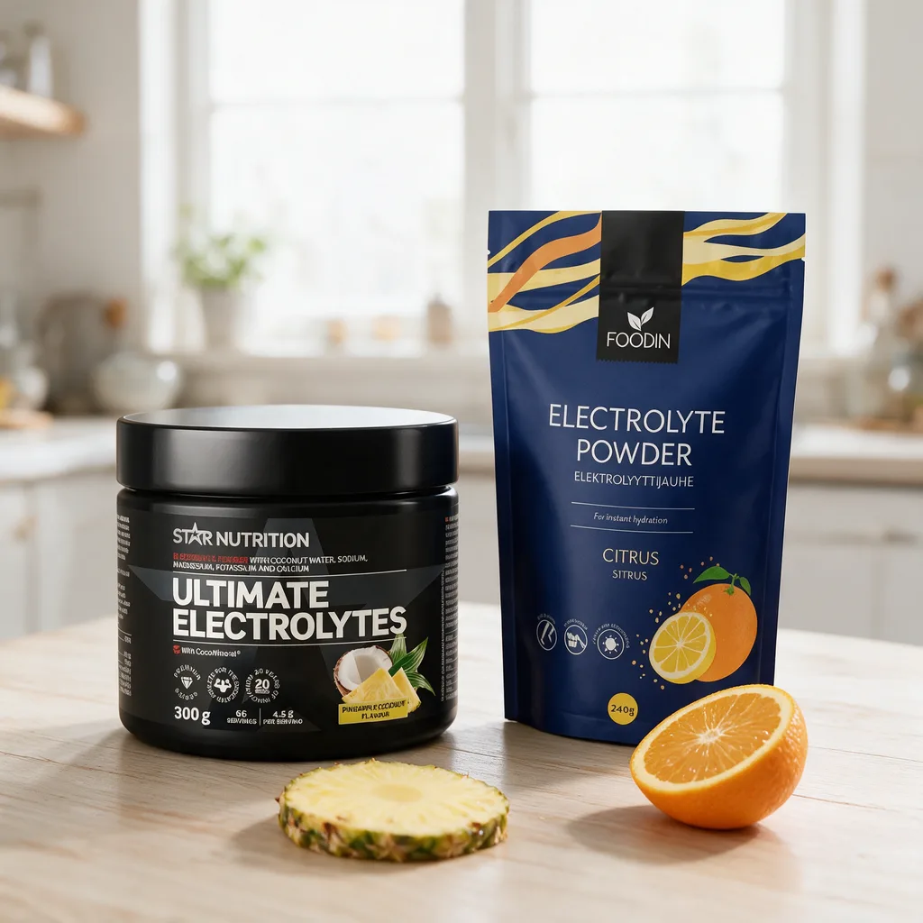 Musta Star Nutrition Ultimate Electrolytes -purkki ja tummansininen Foodin Electrolyte Powder -pussi vierekkäin aamupalapöydällä