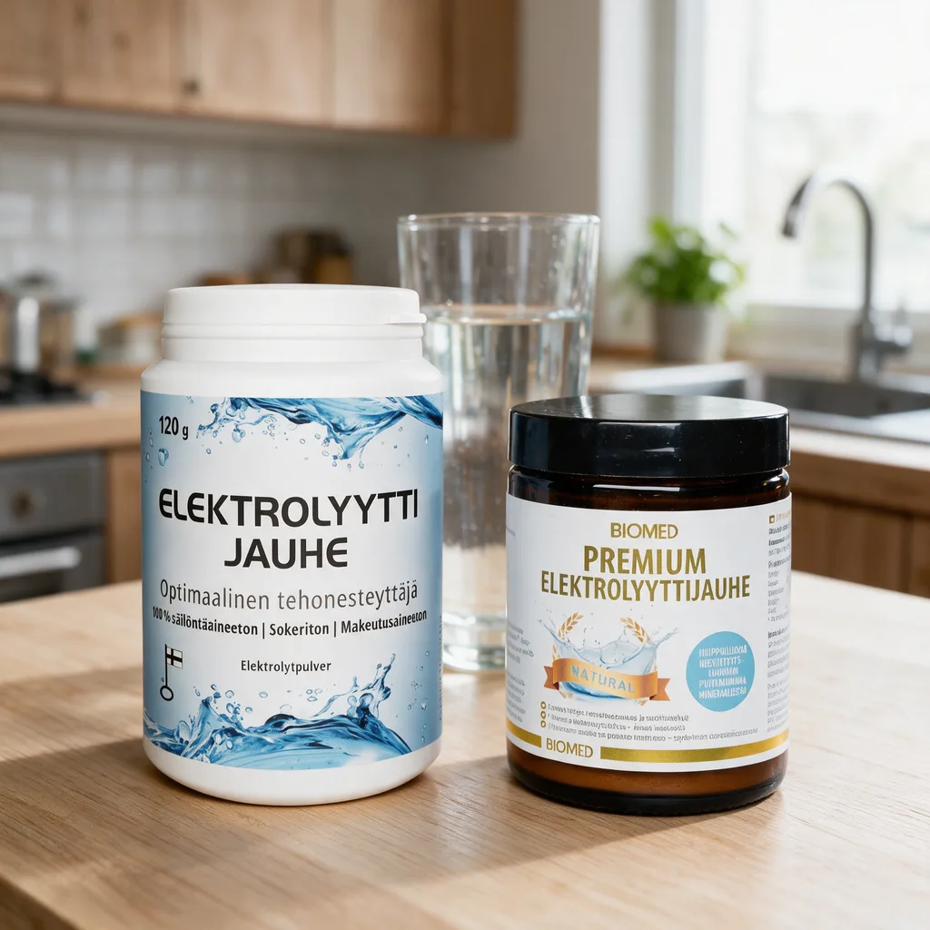 Valkoinen Vitabalans Elektrolyyttijauhe -purkki ja ruskea Biomed Premium Elektrolyyttijauhe -lasipurkki vierekkäin keittiön työtasolla vesilasin kanssa