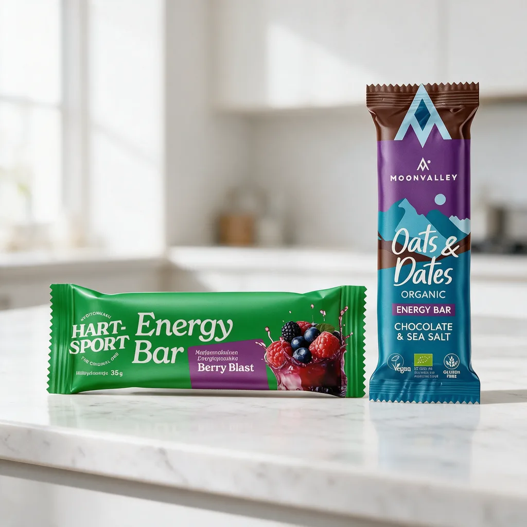 Vihreä Hart-Sport Energy Bar ja violetti Moonvalley Oats and Dates -patukka vierekkäin keittiön työtasolla
