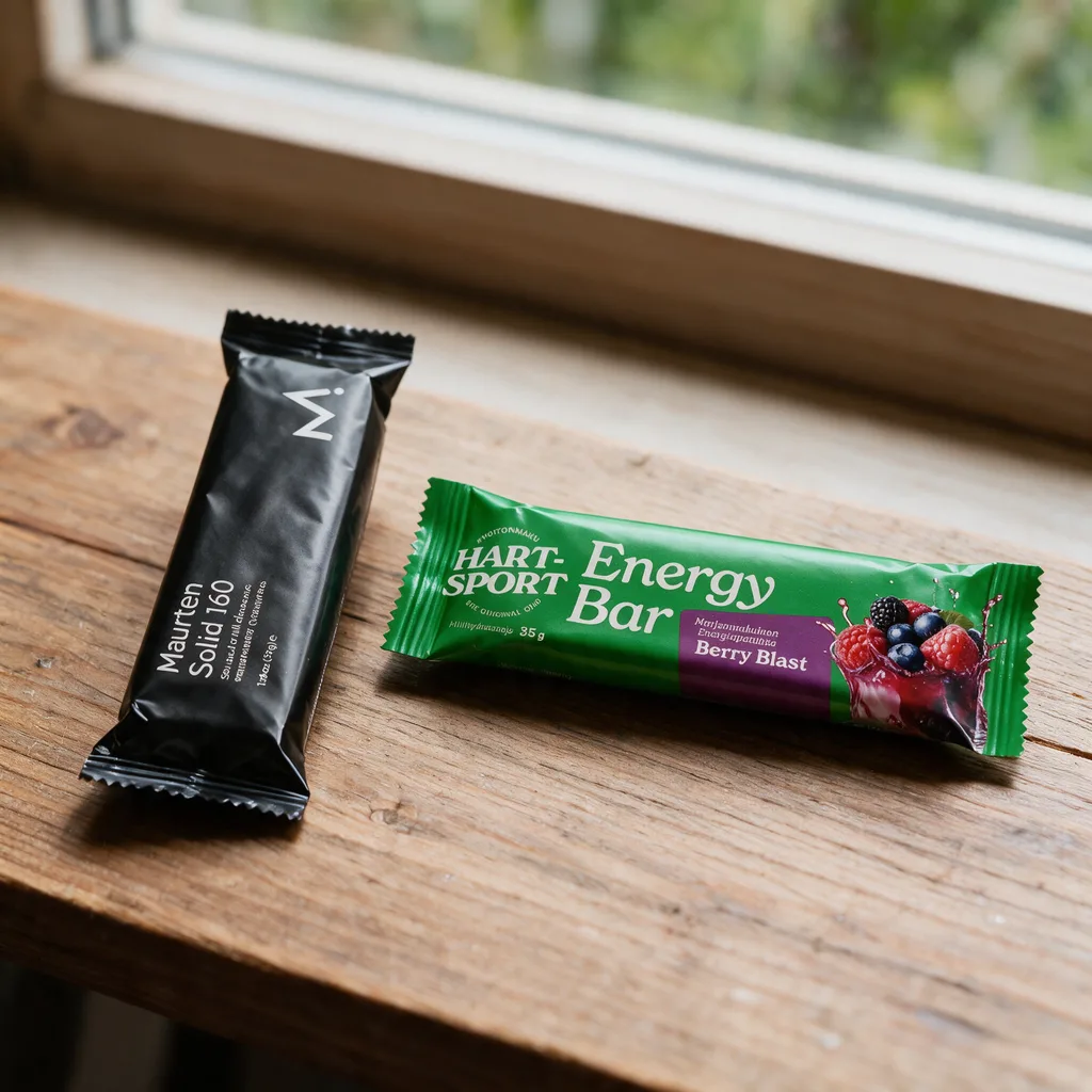 Musta Maurten Solid 160 -kääre ja vihreä Hart-Sport Energy Bar -patukka rinnakkain puisella pöydällä