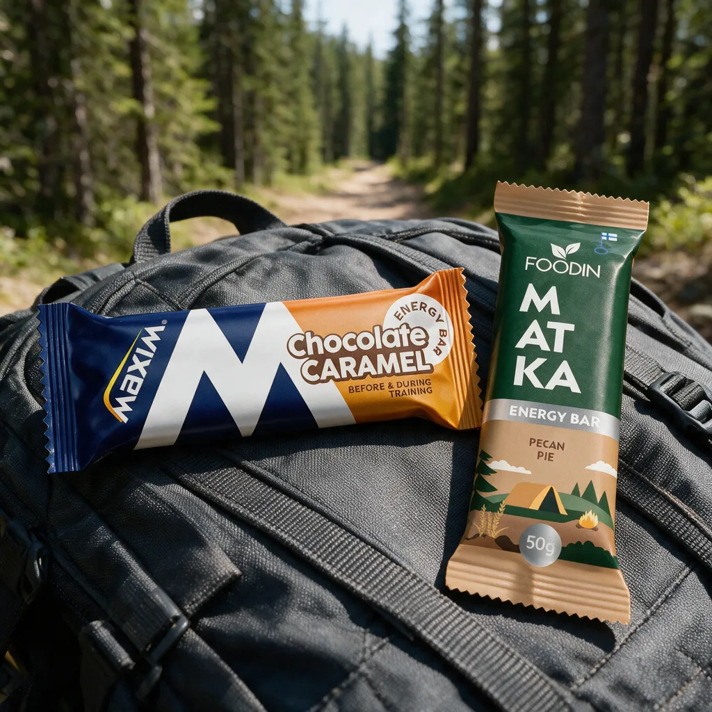 Sininen Maxim Energy Bar -patukka ja vihreä Foodin MATKA -patukka vierekkäin retkirepun päällä