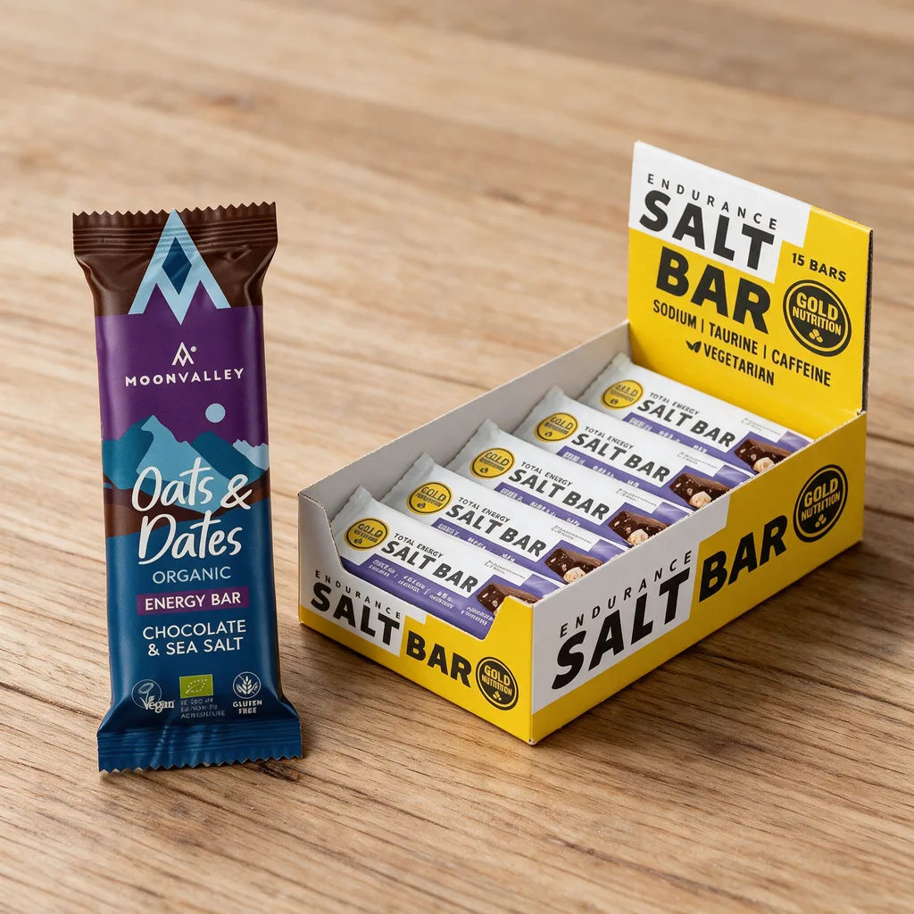 Violetti Moonvalley-luomupatukka ja keltainen Gold Nutrition Salt Bar -laatikko rinnakkain puisella pöydällä