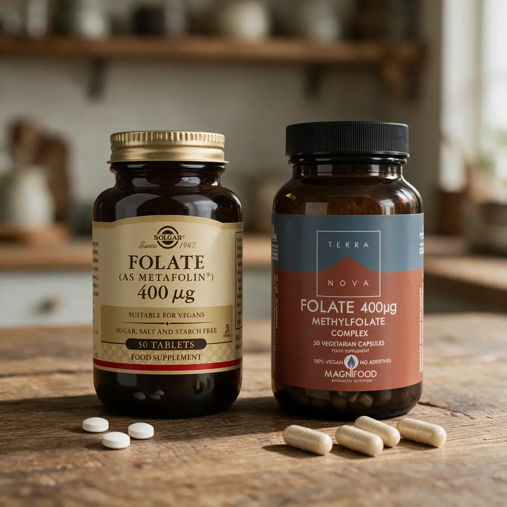 Ruskeat Solgar Folate- ja Terranova Folate -lasipurkit vierekkäin puisella tasolla, edessä tabletteja ja kapseleita