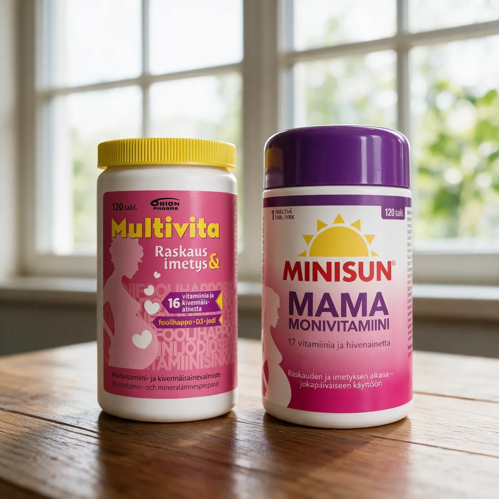 Vaaleanpunaiset Multivita Raskaus ja imetys- ja Minisun Mama -purkit keltaisella ja violetilla kannella ikkunan valossa puisella pöydällä
