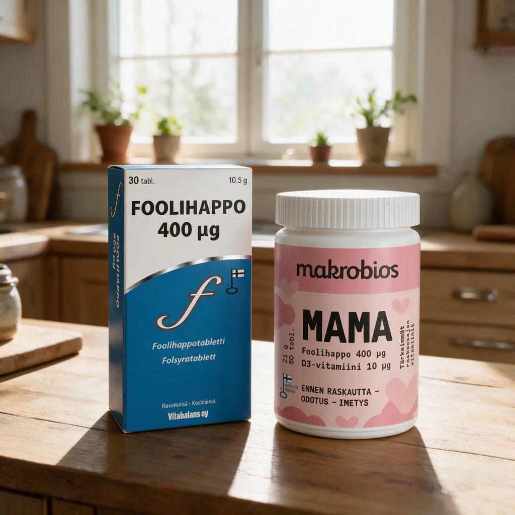 Sinivalkoinen Vitabalans-kotelo ja vaaleanpunainen Makrobios Mama -purkki aamuvalossa keittiön tasolla